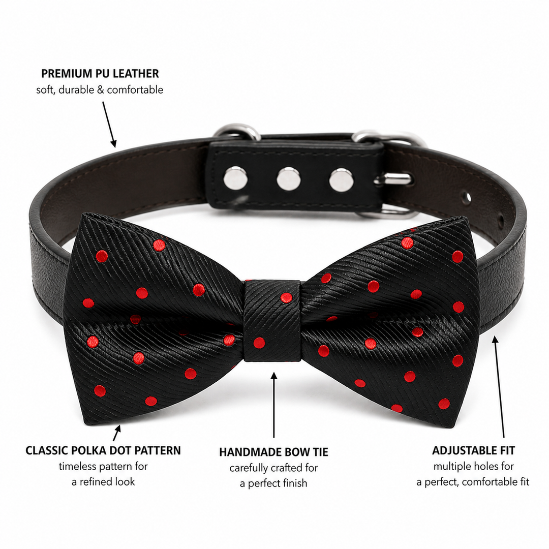 Black & Red Dog Bow Tie Collar with Adjustable Vegan Leather Collar for Dogs & Puppies