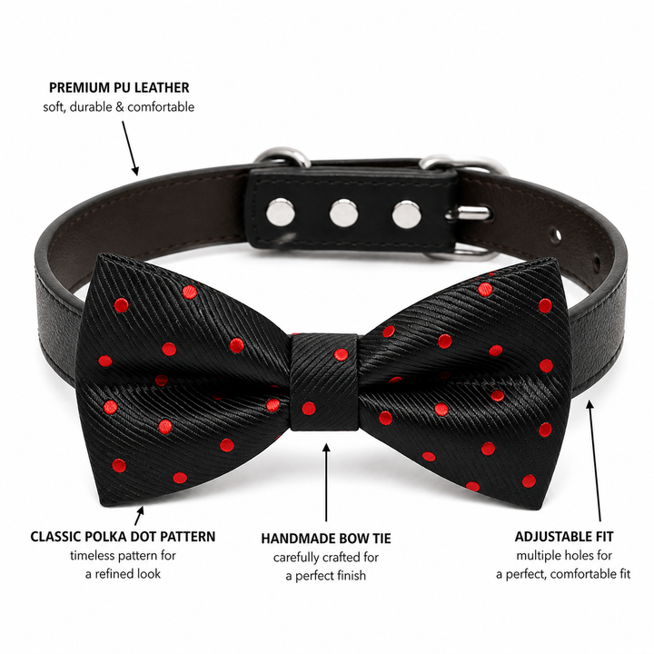 Black & Red Dog Bow Tie Collar with Adjustable Vegan Leather Collar for Dogs & Puppies