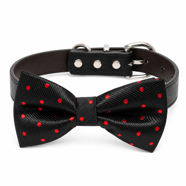 Black & Red Dog Bow Tie Collar with Adjustable Vegan Leather Collar for Dogs & Puppies