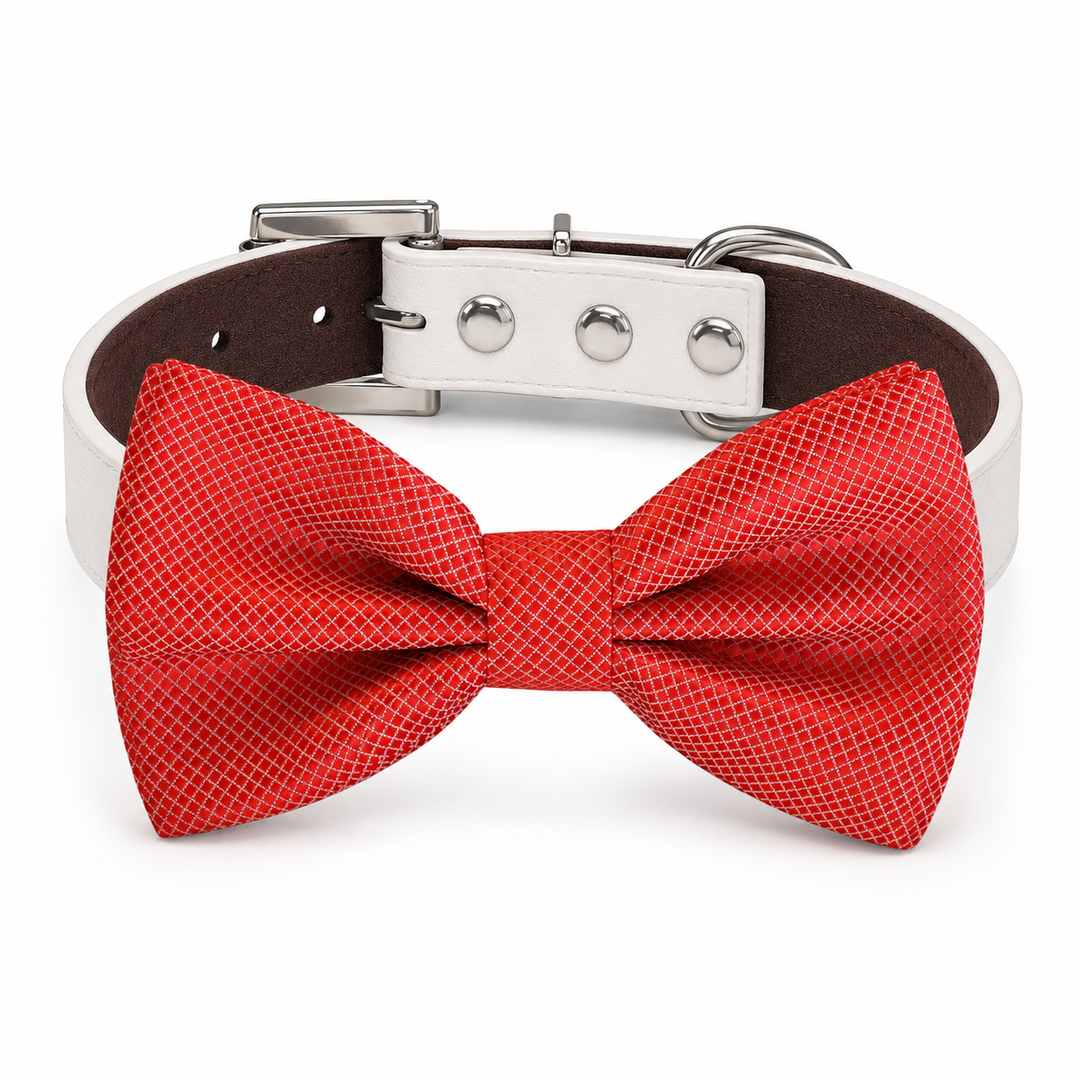 Red micro grid dog bow tie attached to a white vegan leather dog collar with silver-tone hardware for weddings and formal occasions.