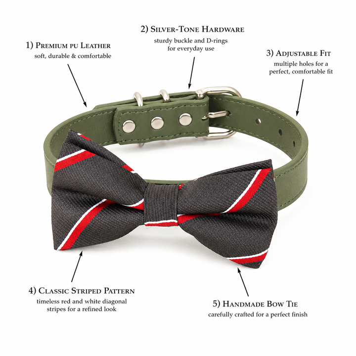 Feature overview of striped dog bow tie collar showing adjustable fit, silver-tone hardware, and handmade bow tie