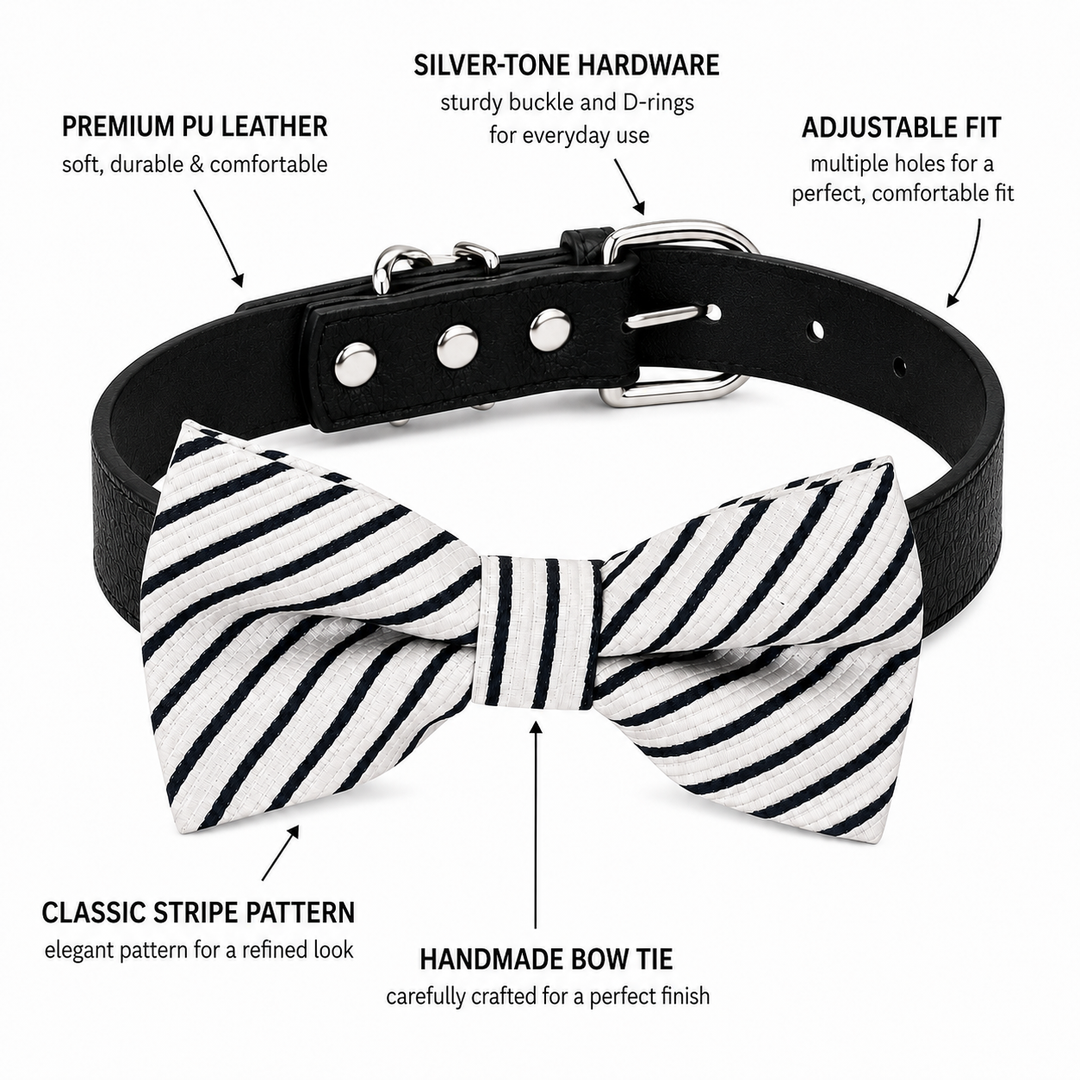 Ring bearer dog bow tie collar featuring handmade striped bow tie, vegan leather collar, adjustable fit, and silver-tone hardware