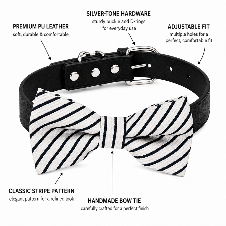 Ring bearer dog bow tie collar featuring handmade striped bow tie, vegan leather collar, adjustable fit, and silver-tone hardware