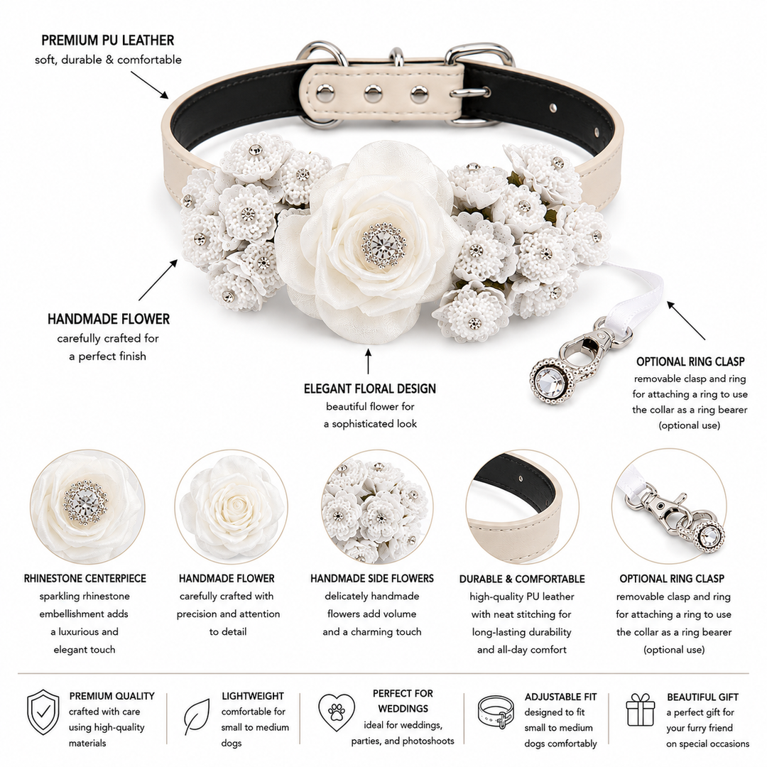 White Floral Dog Collar with Crystal Accent and Elegant Lace Flowers