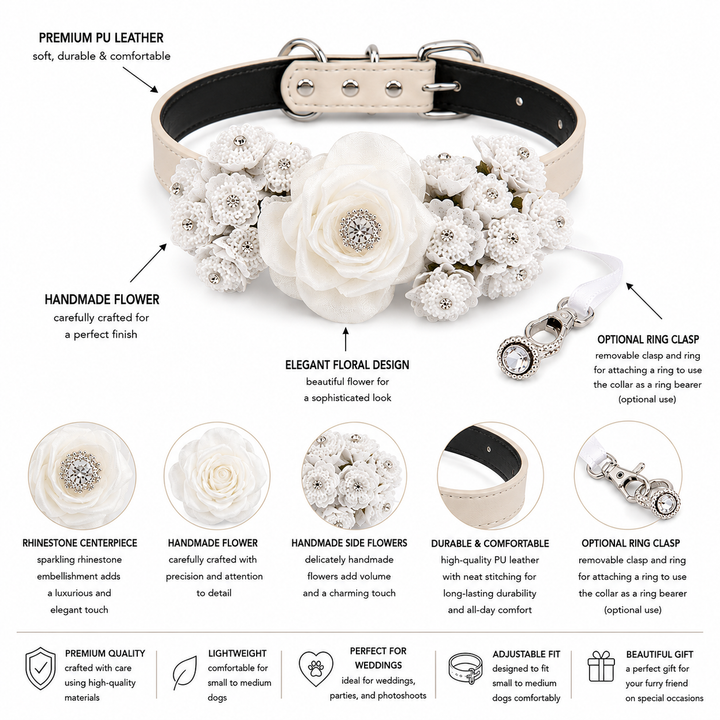 White Floral Dog Collar with Crystal Accent and Elegant Lace Flowers
