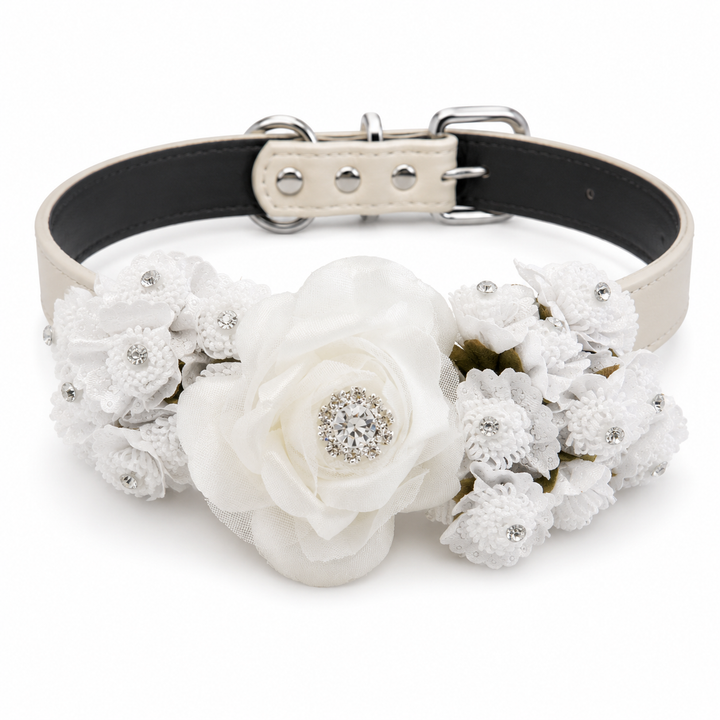 White Floral Dog Collar with Crystal Accent and Elegant Lace Flowers
