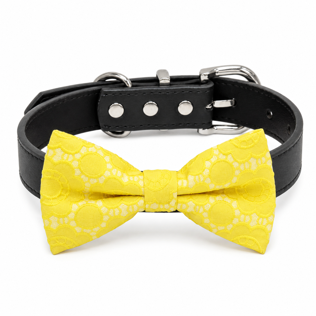 Yellow Floral Lace Dog Bow Tie Collar with Adjustable Black Vegan Leather Collar