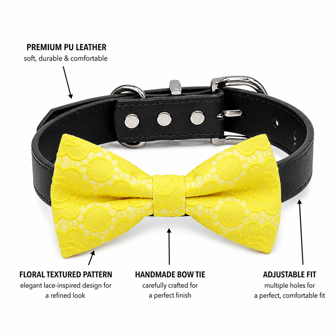 Yellow Floral Lace Dog Bow Tie Collar with Adjustable Black Vegan Leather Collar