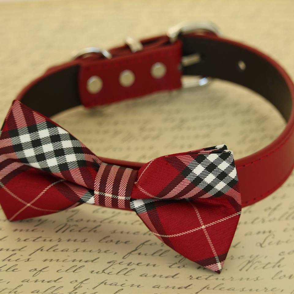 Plaid Red Dog Bow Tie to collar, dog birthday Gift , Wedding dog collar