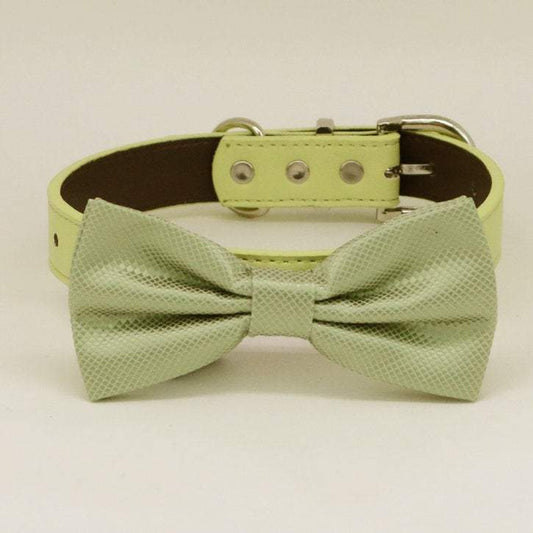 Sage green bow tie dog collar, Black Gray Brown Ivory Champagne Copper Gold or Green Leather dog collar, Puppy bow tie, Sage green wedding , Wedding dog collar