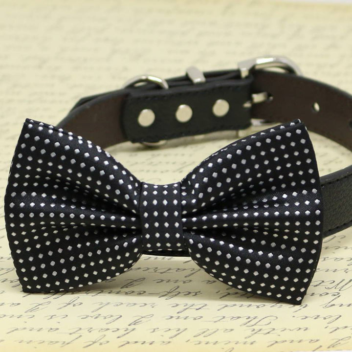 Black Dog Bow Tie attached to leather collar, Pet wedding accessory, polka dots , Wedding dog collar