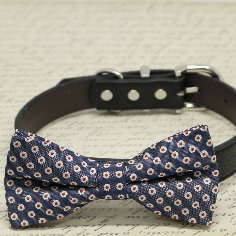 Navy Red Dog Bow Tie attached to collar, Pet Wedding accessory, Red Lovers , Wedding dog collar