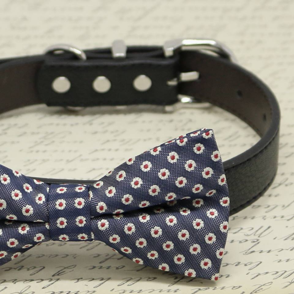 Navy Red Dog Bow Tie attached to collar, Pet Wedding accessory, Red Lovers , Wedding dog collar