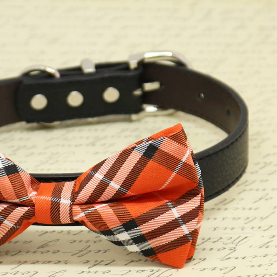 Orange Plaid Dog Bow tie with High Quality Leather Collar, Chic Dog Bow tie , Wedding dog collar
