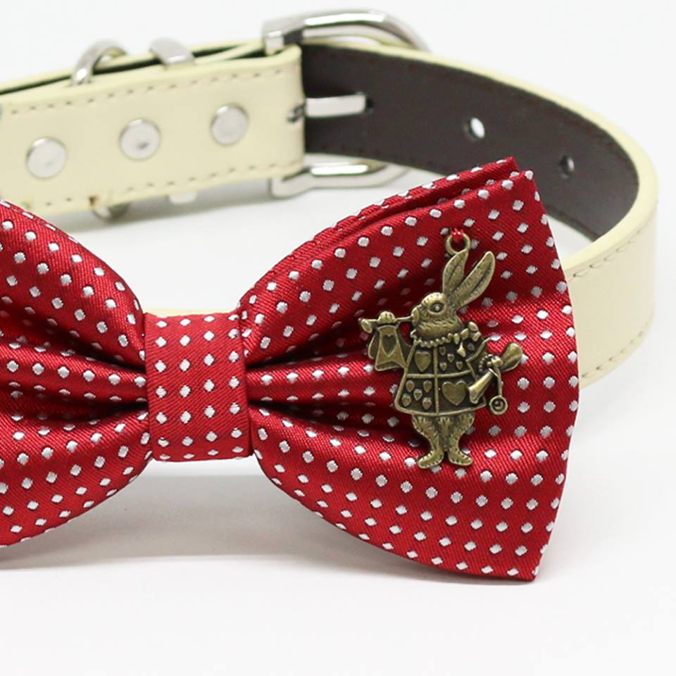Red Polka Dots Dog bow tie collar, Charm(Alice In Wonderland), Rabbit, Birthday gift, Pet Wedding , Wedding dog collar