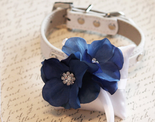 Blue Ring Pillow, White Pillow with blue flower attach to Collar, Ring Bearer , Wedding dog collar