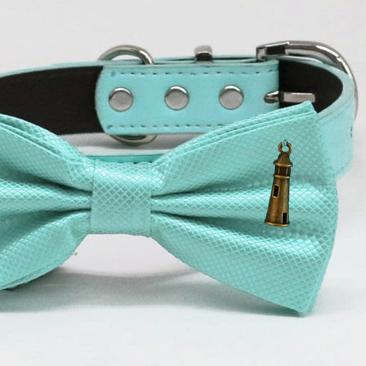 Aqua bow tie Leather collar XS to XXL collar and bow tie adjustable Dog ring bearer dog ring bearer Puppy Light house, Aqua Splash , Wedding dog collar