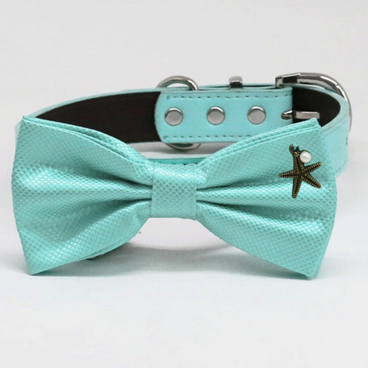 Aqua bow tie Leather collar Dog ring bearer dog ring bearer Puppy XS to XXL collar and bow tie adjustable, Starfish Pearl, Aqua Splash , Wedding dog collar