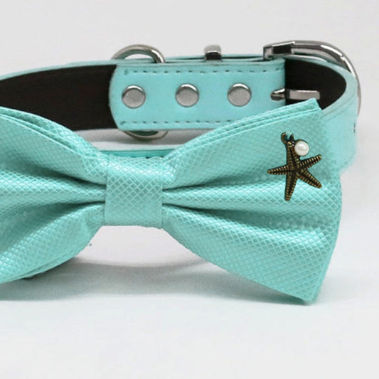 Aqua bow tie Leather collar Dog ring bearer dog ring bearer Puppy XS to XXL collar and bow tie adjustable, Starfish Pearl, Aqua Splash , Wedding dog collar