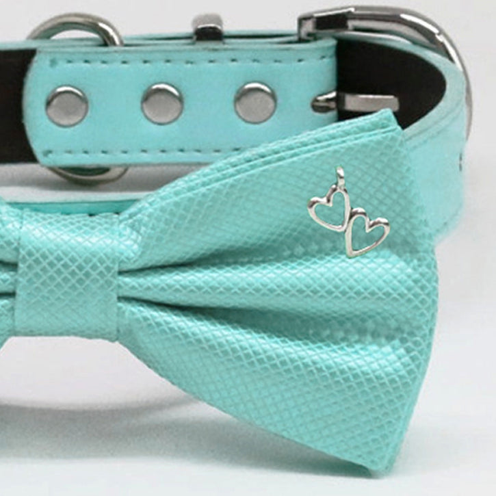 Aqua bow tie Leather collar Dog ring bearer dog ring bearer Puppy XS to XXL collar and bow tie adjustable, double heart dog lovers , Wedding dog collar