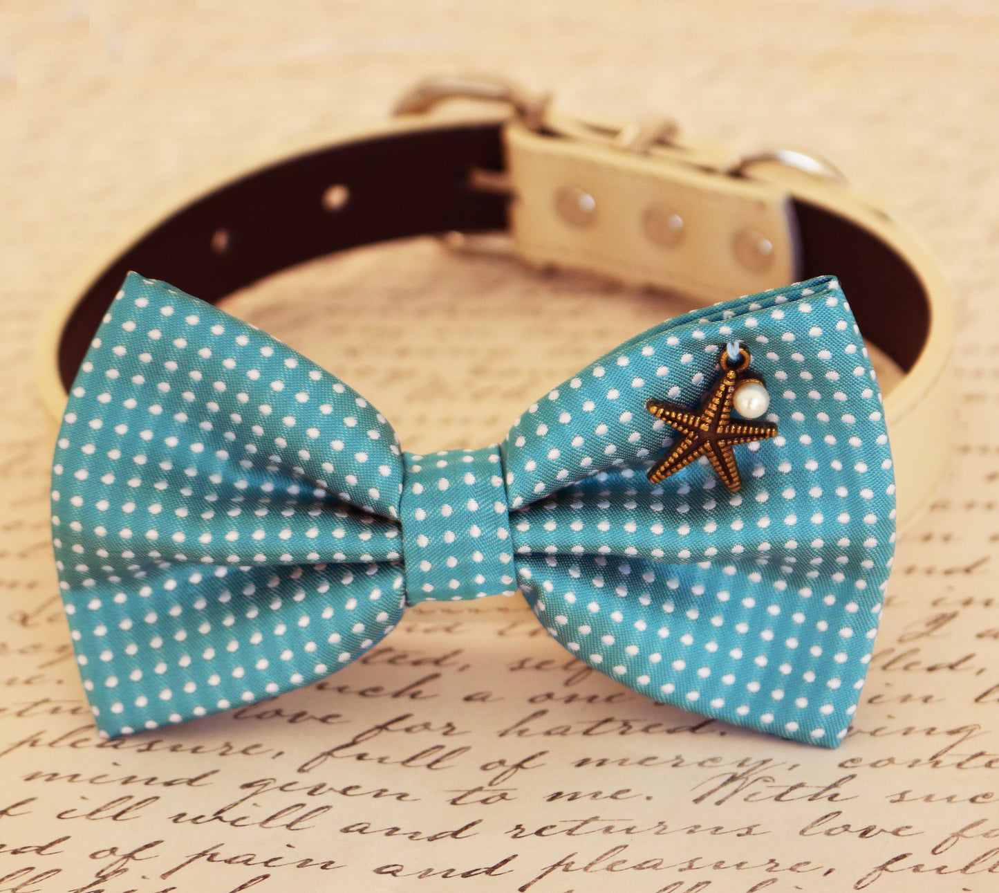 Blue Dog Bow tie attached to collar, Pet wedding accessory, Blue, Beach Star, Pearl , Wedding dog collar