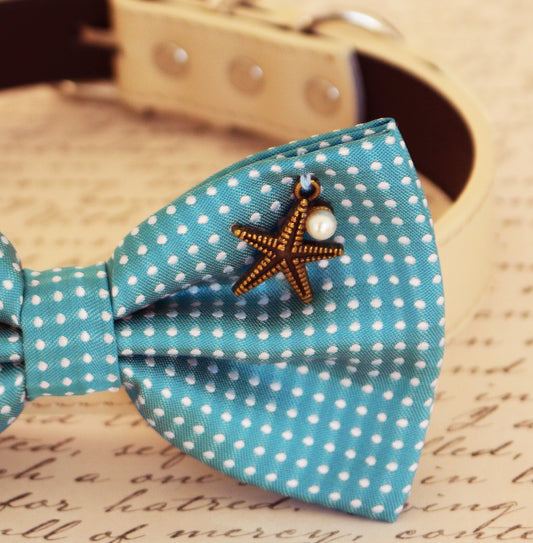 Blue Dog Bow tie attached to collar, Pet wedding accessory, Blue, Beach Star, Pearl , Wedding dog collar