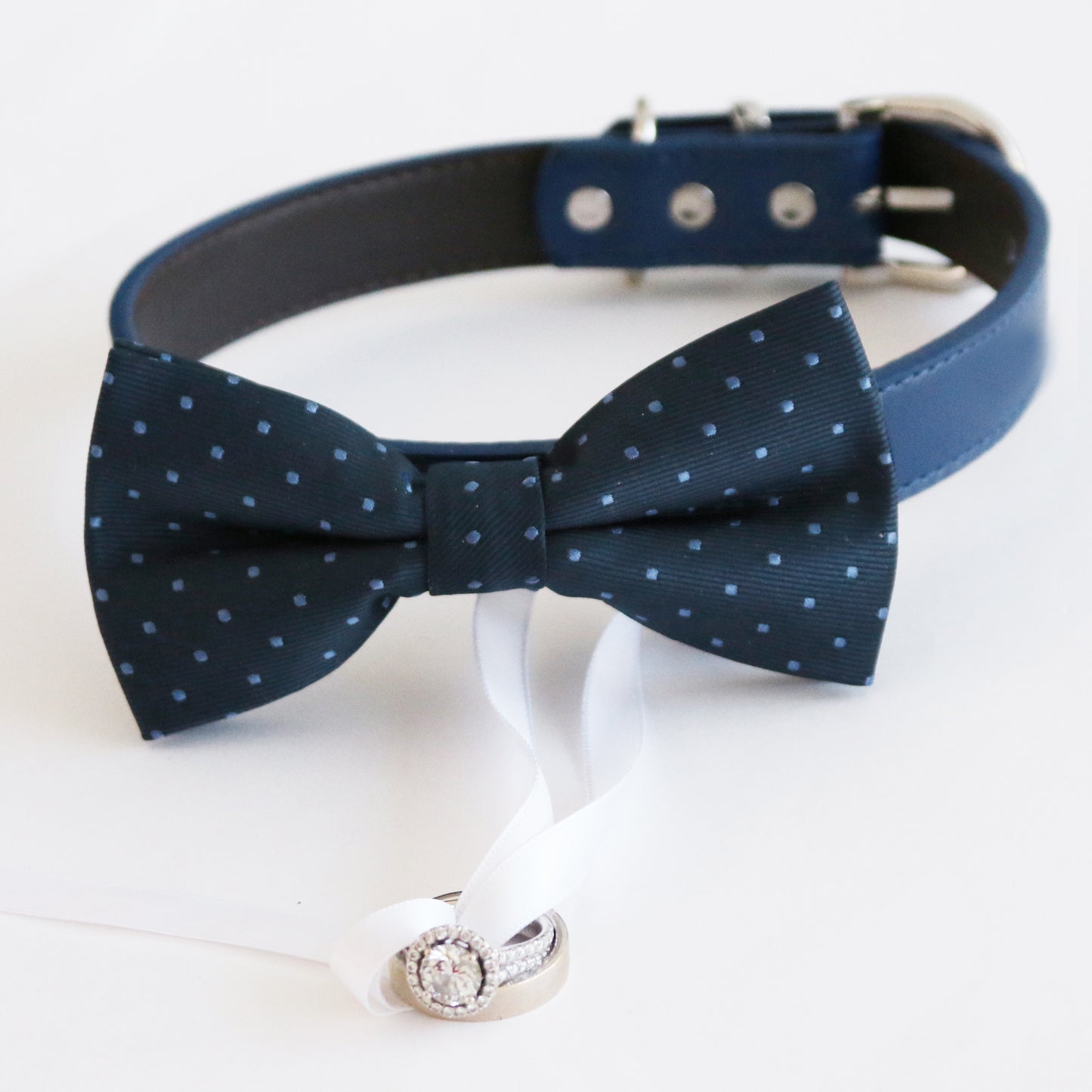 Navy blue bow tie collar , Dog ring bearer ring bearer adjustable handmade XS to XXL leather collar bow, Puppy, Proposal, high quality , Wedding dog collar