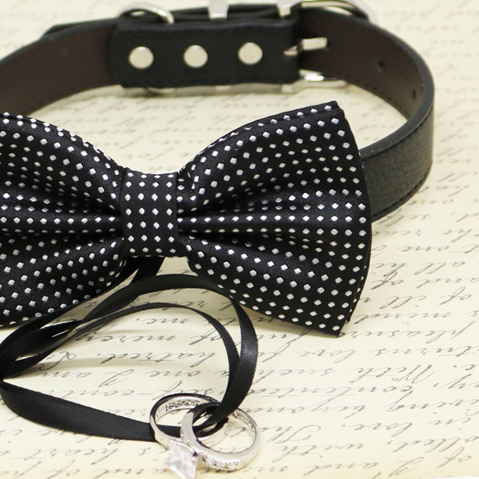 Black Polka Dots Dog Bow Tie Collar, ring bearer, Pet Wedding, Black Ribbon, Proposal , Wedding dog collar