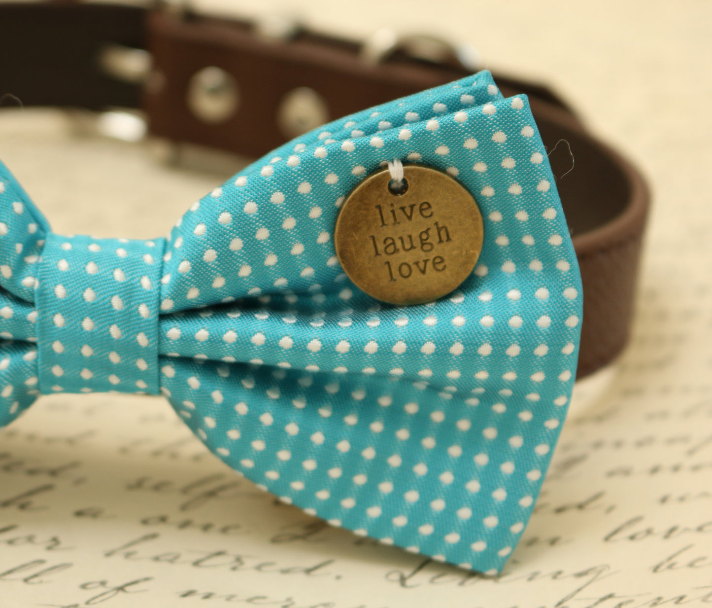 Blue Dog Bow Tie Collar, Live Love Laugh, Pet Wedding accessory , Wedding dog collar