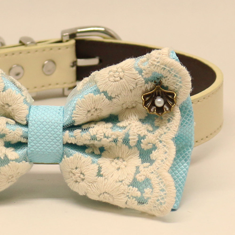 Blue Lace dog bow tie collar, Lace, Leather collar, Puppy Gift,Pet accessory, Country Rustic wedding, Seashell, Pearl, something blue , Wedding dog collar
