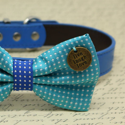 Blue Polka Dots Dog Bow tie collar, Pet wedding, Something blue, Charm(Live, Laugh, Love) , Wedding dog collar