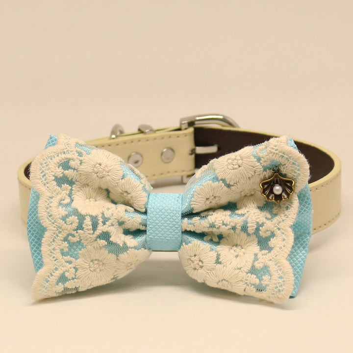 Blue Lace dog bow tie collar, Lace, Leather collar, Puppy Gift,Pet accessory, Country Rustic wedding, Seashell, Pearl, something blue , Wedding dog collar