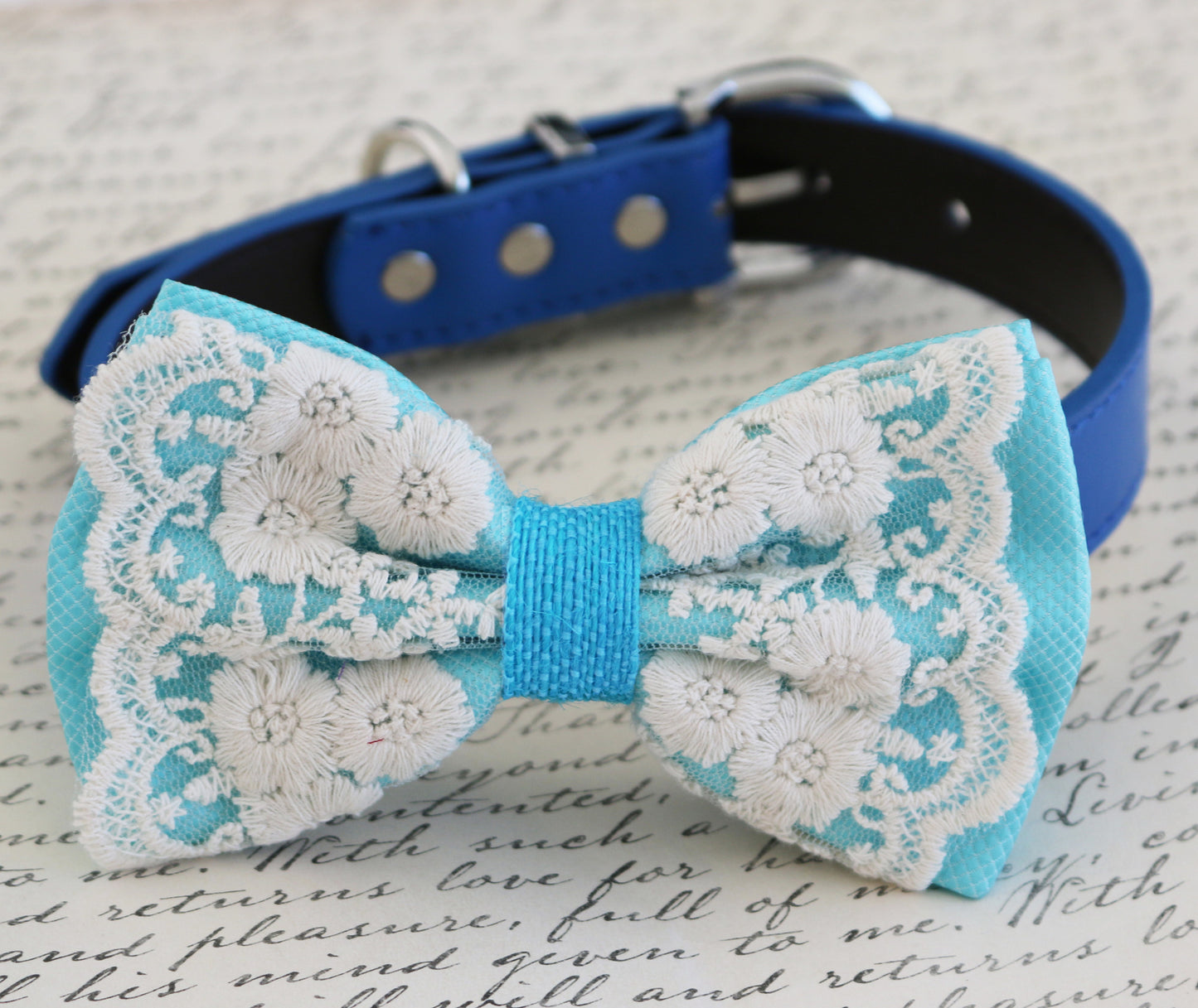 Blue Lace Dog Bow Tie, Pet wedding, beach wedding, dog collar , Wedding dog collar