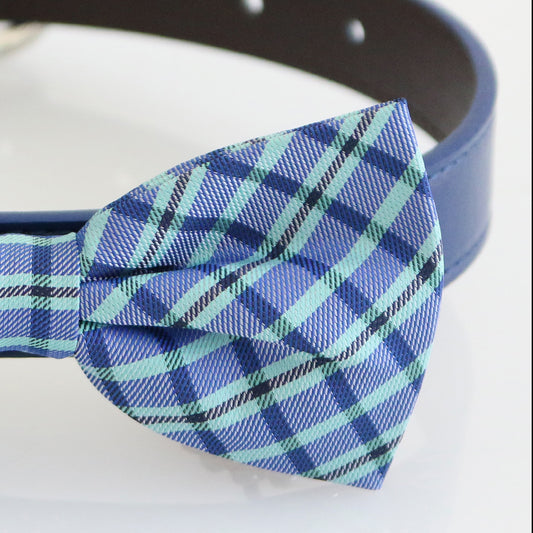 Plaid Navy blue bow tie collar XS to XXL collar and bow tie, Puppy bow tie, handmade adjustable, Navy Royal blue Aqua leather collar