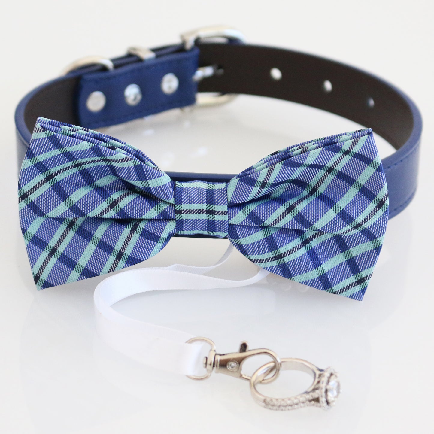 Plaid Navy blue bow tie collar XS to XXL collar and bow tie, Puppy bow tie, handmade adjustable, Navy Royal blue Aqua leather collar