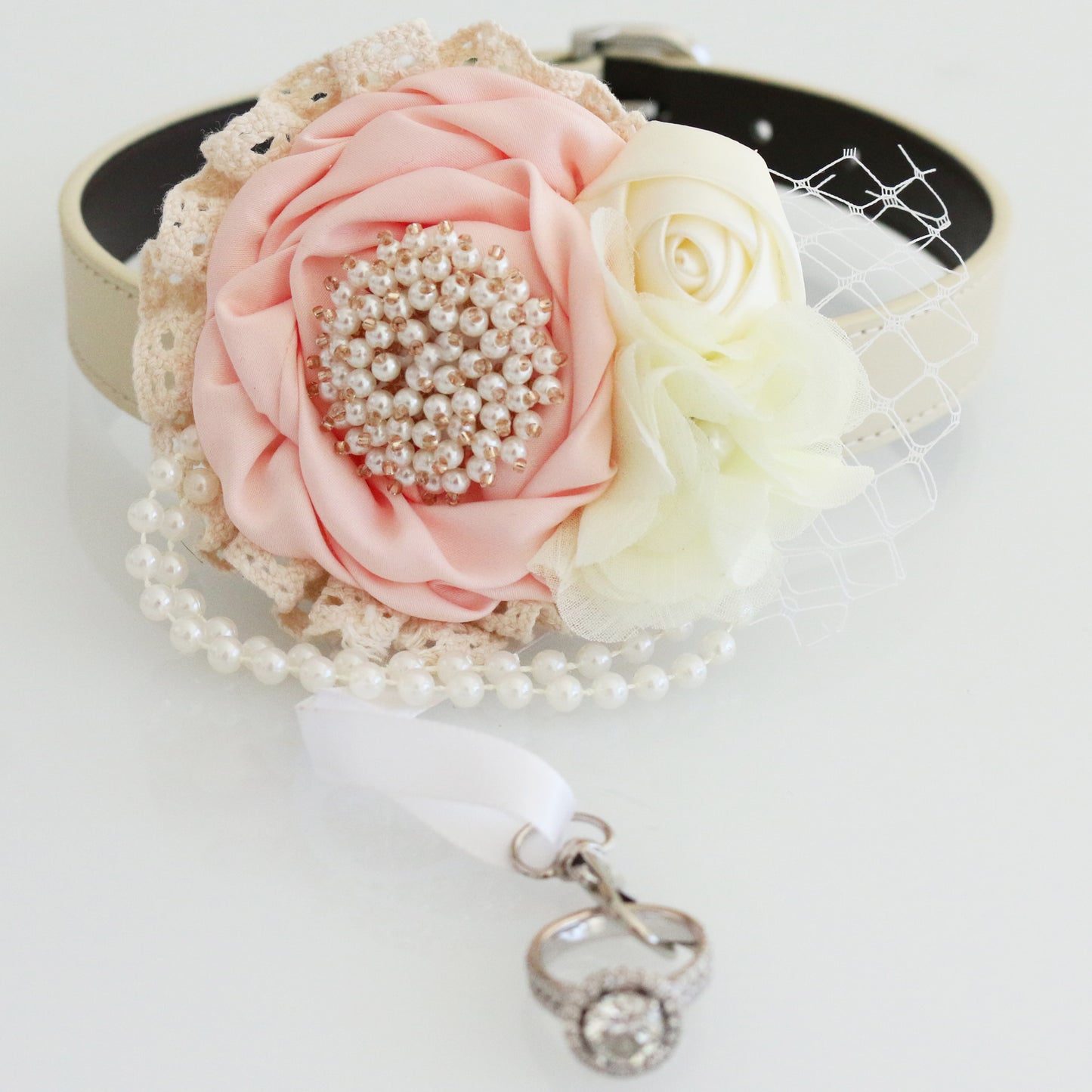 Blush Ivory pearl beaded flower collar, Dog ring bearer ring bearer proposal XS to XXL collar, handmade wedding dog lover gift, Proposal
