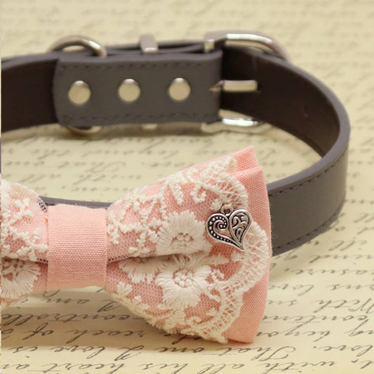 Blush Lace dog bow tie collar, Charm (Heart), Puppy Gift, Pet wedding accessory, Birthday , Wedding dog collar