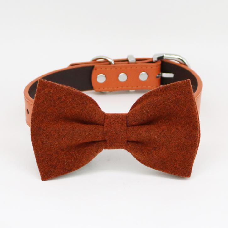 Cinnamon bow tie dog collar, Black Gray Brown Ivory Champagne Copper Gold or Yellow leather dog collar, Puppy bow collar, Fashion color year , Wedding dog collar