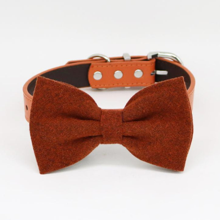 Cinnamon bow tie dog collar, Black Gray Brown Ivory Champagne Copper Gold or Yellow leather dog collar, Puppy bow collar, Fashion color year , Wedding dog collar