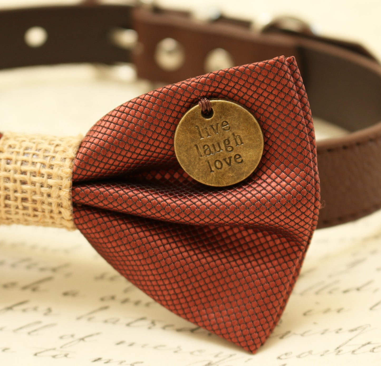 Brown Dog Bow Tie attached to brown dog collar, Pet wedding accessory, Burlap wedding , Wedding dog collar