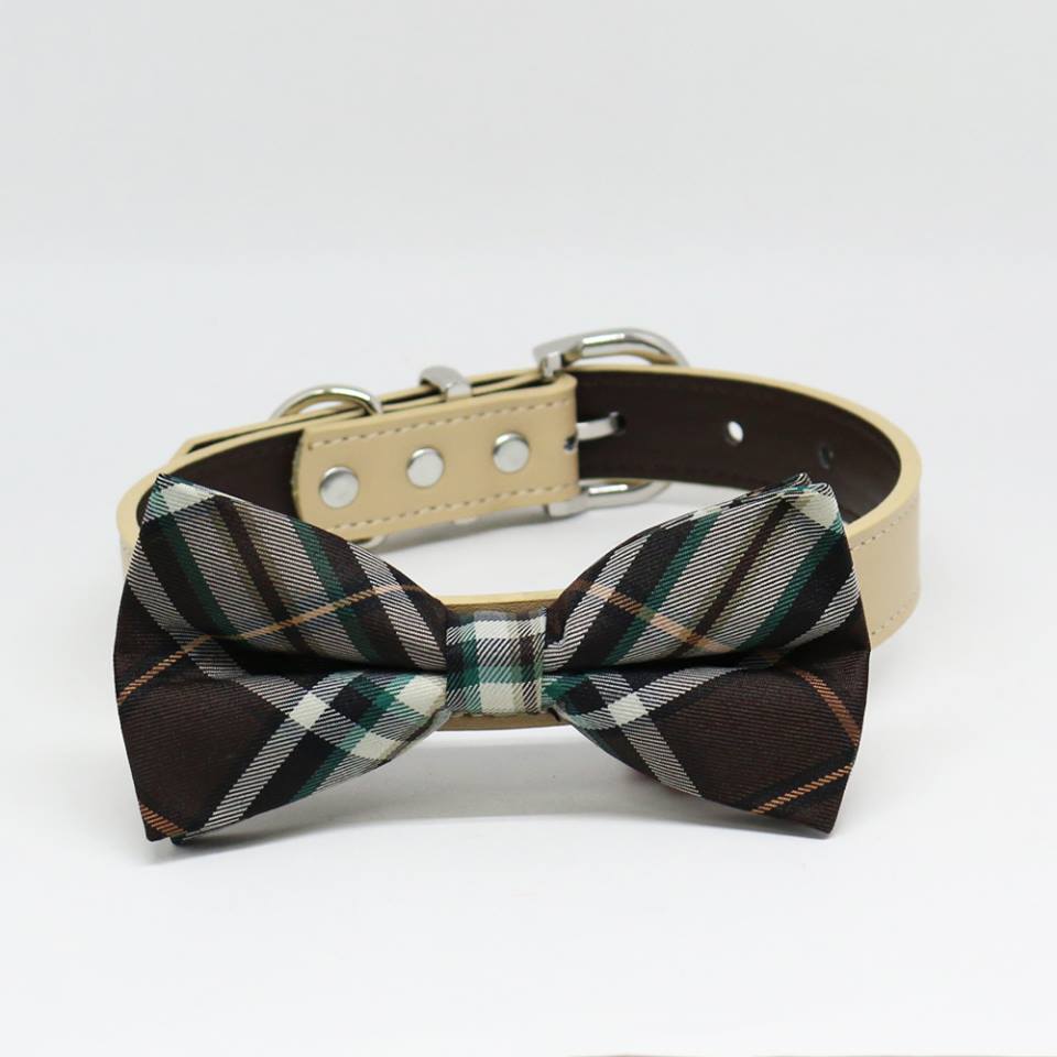 Brown Ivory Plaid Dog Bow Tie collar, Puppy lovers, Pet Wedding accessory , Wedding dog collar