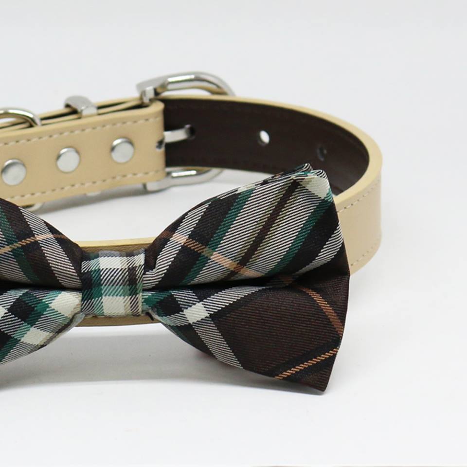 Brown Ivory Plaid Dog Bow Tie collar, Puppy lovers, Pet Wedding accessory , Wedding dog collar