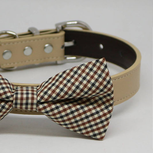 Plaid Brown Black Ivory bow tie dog collar, Pet Wedding Accessories, Handmade Gifts , Wedding dog collar