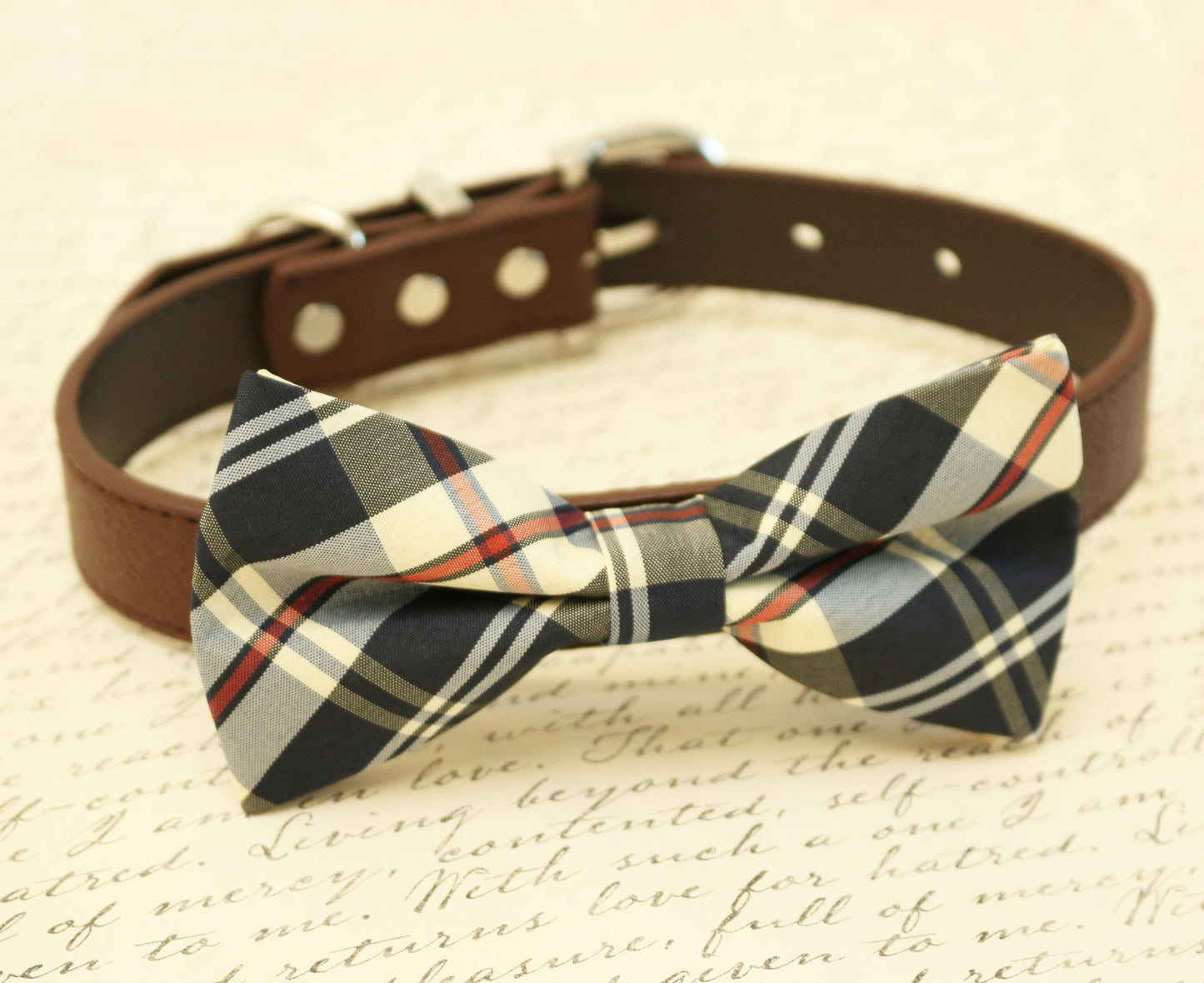 Plaid Burly wood dog bow tie attached to collar, Dog lovers, dog birthday , Wedding dog collar