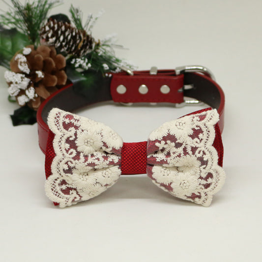Red Lace Dog Bow Tie Collar, Red leather dog collar,Handmade , Wedding dog collar