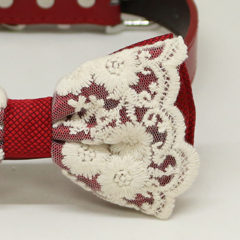 Red Lace Dog Bow Tie Collar, Red leather dog collar,Handmade , Wedding dog collar