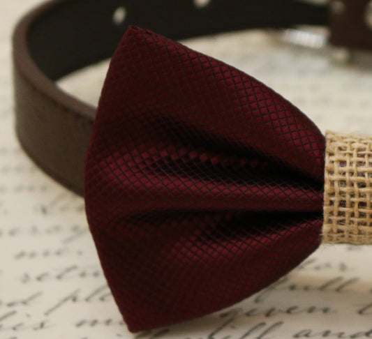 Burgundy Dog Bow Tie, Bow attached to brown dog collar, pet accessory , Wedding dog collar