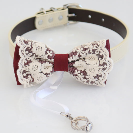 Burgundy bow tie collar, Dog ring bearer ring bearer collar, M to XXL collar, country rustic lace wedding, handmade, proposal collar