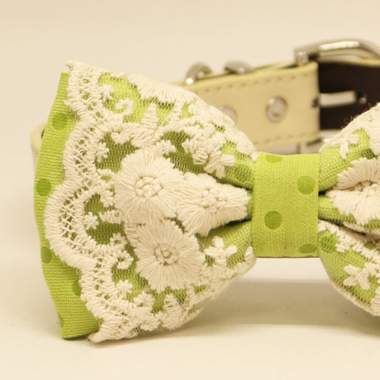 Green Lace dog bow tie collar, Ivory, Pet wedding accessory , Wedding dog collar