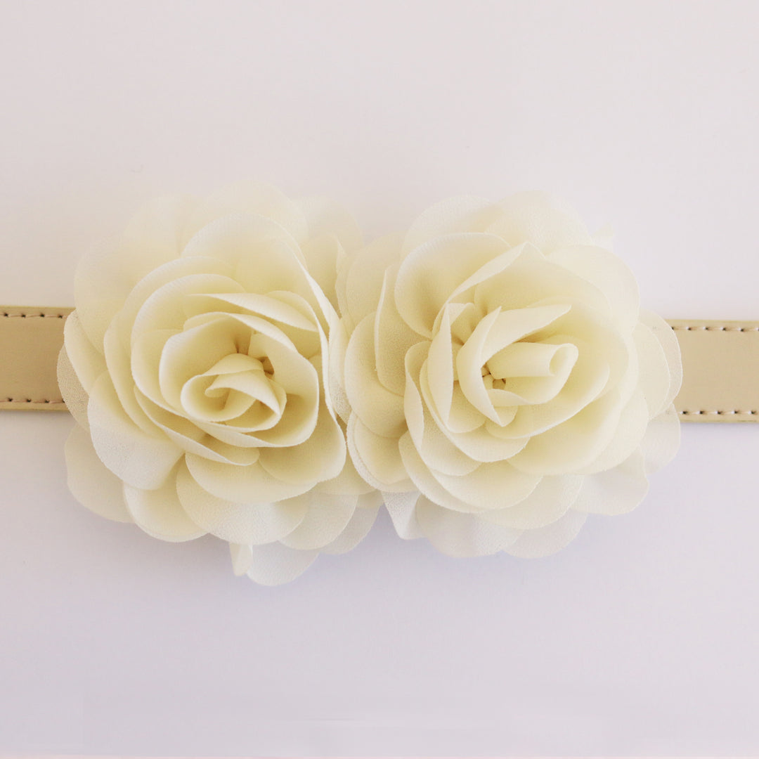 Ivory double rose floral dog collar featuring two handcrafted chiffon roses on a vegan leather collar.